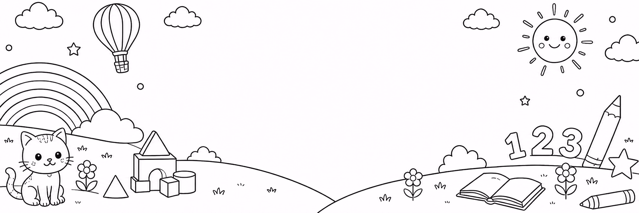 An EarlyHue coloring scene with a kitten, rainbow, hot-air balloon, sun, numbers, pencil, and learning toys