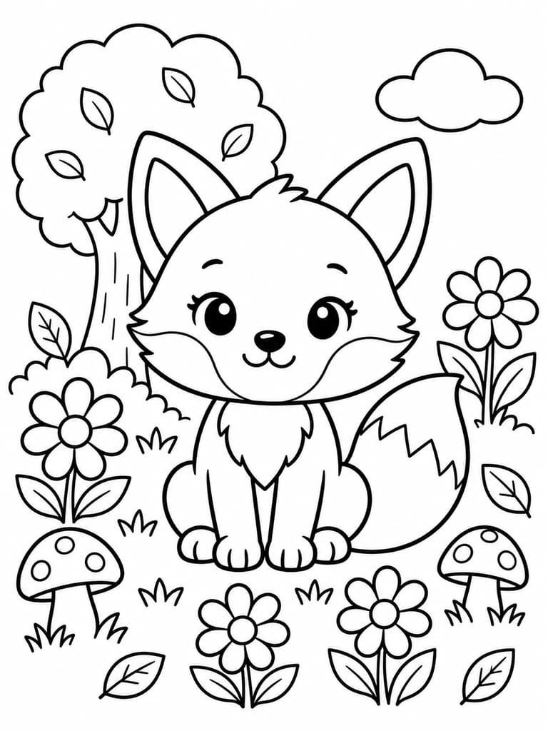 Fox woodland coloring page with flowers and mushrooms for ages 6 to 8