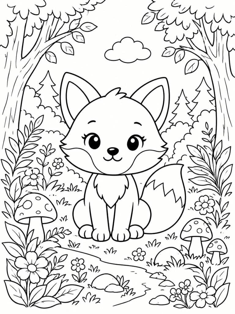 Detailed fox forest coloring page for ages 9 to 12